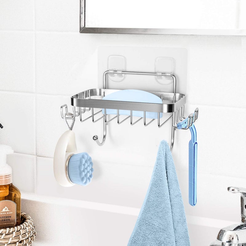 ODesign Soap Dish Holder SUS304 Stainless Steel with 6 Hooks Loofah Bath Sponge Towel Razor Holder for Bathroom Shower Kitchen Adhesive Wall Mounted No Drilling-Silver-1 Pack - Image 2